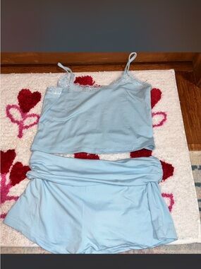 Light Blue Lace-Trim Sleep Cami and Shorts Set